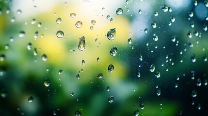 Raindrops on a Window with a Green and Yellow Blurred Background