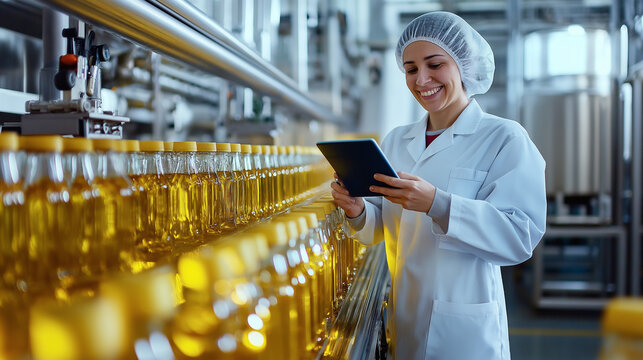 A smiling factory worker inspecting bottles of oil on a production line while using a tablet.