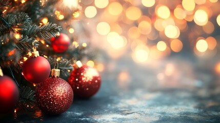Fototapeta premium Xmas tree ornaments on a blurry backdrop.