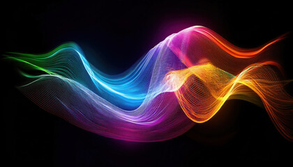 Wave of colorful light line trails of blue, red, green, purple and orange in pitch black background for technology, futuristic, abstract concept