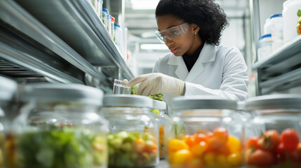 Fototapeta premium A scientist working in a lab with fresh produce and laboratory equipment, testing food quality.