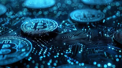 High-tech cryptocurrency background with virtual coins and a network of interconnected nodes