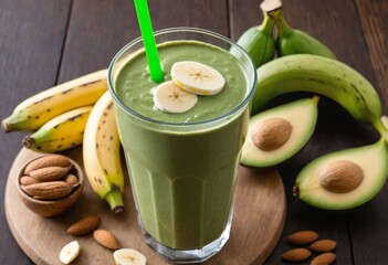 Green banana smoothie with nuts and seeds