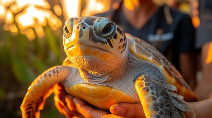 Naklejka premium A close-up of a sea turtle being gently held against a warm golden sunset, showcasing its intricate shell and vibrant colors.