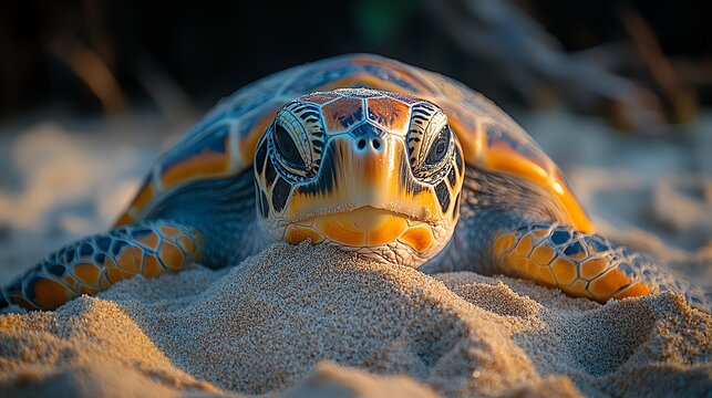 A vibrant sea turtle resting on sandy beach with colorful shell, capturing the beauty of nature's ocean life.