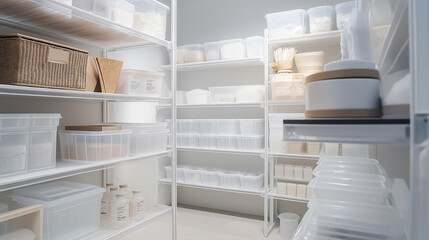 A storage room filled with neatly organized plastic containers on shelves.