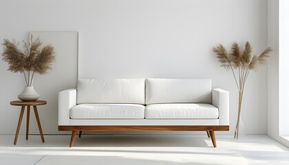 Elegant white sofa with wooden legs set against a minimalist backdrop, ideal for highlighting home decor and artistic displays