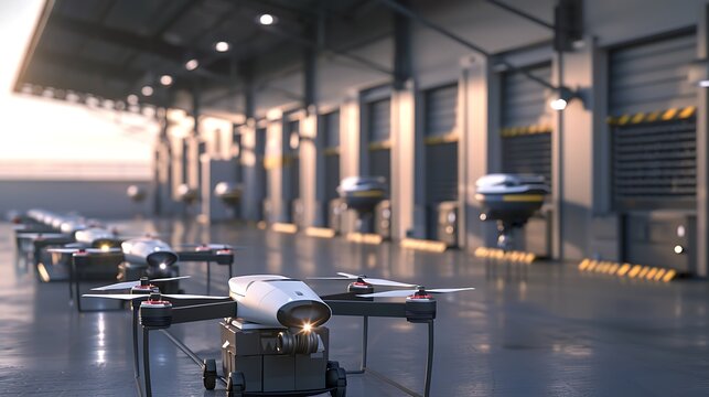 A drone delivery station with multiple drones charging and loading packages for delivery.