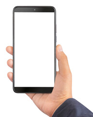 Man hand holding smart phone with blank screen isolated on transparent background.