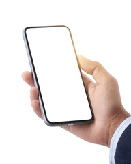 Man hand holding smart phone with blank screen isolated on transparent background.