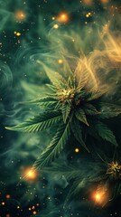 Obraz premium A Cannabis Bud Surrounded by Smoke and Glowing Particles