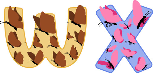 Butterfly Inside Letter Alphabet Vector Element W X