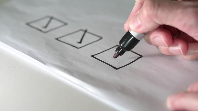 close up and selective focus hand using pen to making tick mark on check list box check list and marker