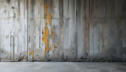 Abstract urban textures of a weathered concrete wall with peeling paint against a rough concrete floor