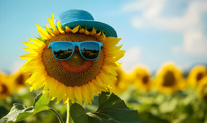 A sunflower wearing a blue hat and sunglasses in a field of sunflowers.