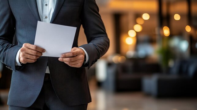 Confident professional in sleek attire, poised with resume, minimalist white backdrop, ideal for career and recruitment concepts