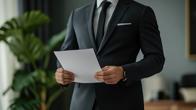 Confident professional in sleek attire, poised with resume, minimalist white backdrop, ideal for career and recruitment concepts
