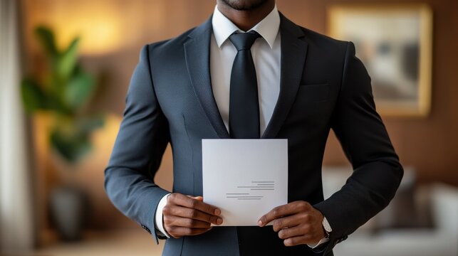 Confident professional in sleek attire, poised with resume, minimalist white backdrop, ideal for career and recruitment concepts