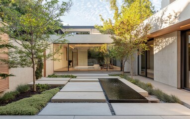 A minimalist courtyard with concrete pavers, a water feature, and minimal plantings, creating a modern and tranquil outdoor space.