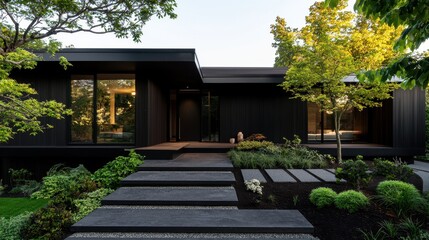Modern Black House with Stone Steps and Lush Greenery