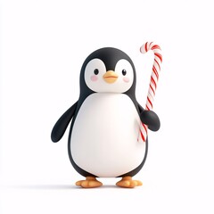 Fototapeta premium Cute Cartoon Penguin with Candy Cane for Holidays