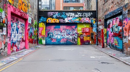 Naklejka premium A vibrant urban alley adorned with colorful graffiti on brick walls, showcasing artistic expressions and a creative street culture.