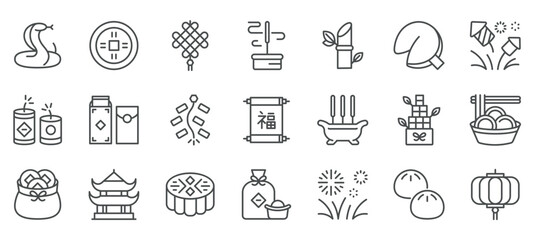 Chinese New Year Icons Set. Vector Isolated Pictograms of Traditional Symbols Including Snake, Coin, Firecrackers, Red Envelopes, Lanterns, Asian Food, Pagoda, Temple, Ritual, Gift Money,Mooncake