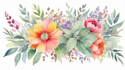 Watercolor colorful floral composition, soft vintage-style bouquet design 
