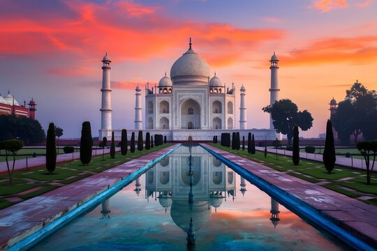  Breathtaking View of the Taj Mahal at Sunset with Reflecting Water Channel and Vibrant Sky, taj mahal at sunset