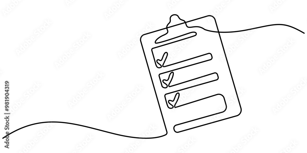 Poster clipboard with checklist and pen in one continuous line drawing. to do list with ticks and concept f