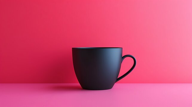 Minimalist scene with a black coffee cup on a Viva Magenta background, with room for text on the vibrant backdrop. The simplicity highlights the trend of 2023.