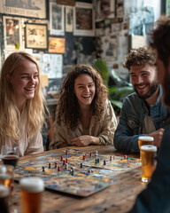 Group of Friends Playing Board Game at Pub, Enjoying Drinks and Laughter, Social Gathering, Fun Game Night, Relaxed Atmosphere with Beers and Conversation