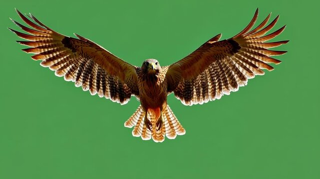 Beautiful hawk with its wings spread wide open, soaring gracefully against a solid green background, perfect for chroma key compositing