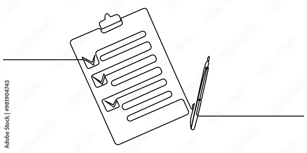Poster clipboard with checklist and pen in one continuous line drawing. to do list with ticks and concept f