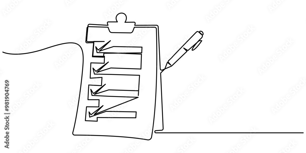 Poster clipboard with checklist and pen in one continuous line drawing. to do list with ticks and concept f