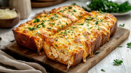 Chicken parmesan garlic bread on rustic board