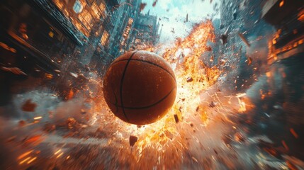 A dynamic image of basketball. In the background, atmosphere with a mixture of excitement , symbolized by elements like a ticking clock and a fluctuating graph.
