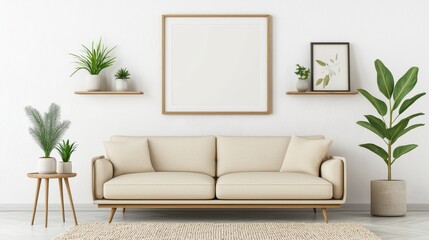 Modern Living Room Interior Design with Beige Sofa  Wooden Shelves  and Plants