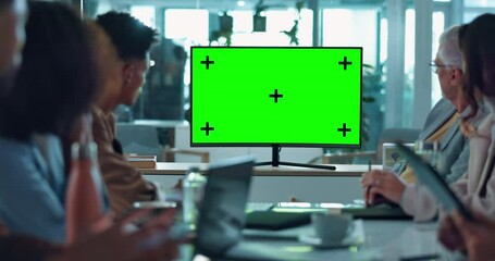Business people, meeting and presentation with green screen for video conference or webinar at office. Group, employees or chromakey display with tracking markers or mockup space for online seminar - Powered by Adobe