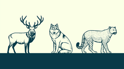 Set of hand drawn wild animals deer rhino and leopard on white background. Vector illustration.