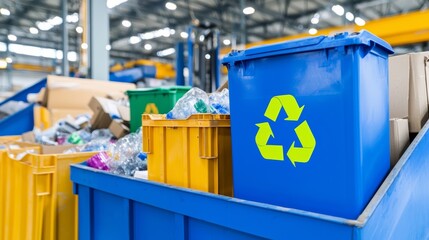 A vibrant recycling station featuring colorful bins for sorting materials like plastic and cardboard in a spacious, industrial setting.