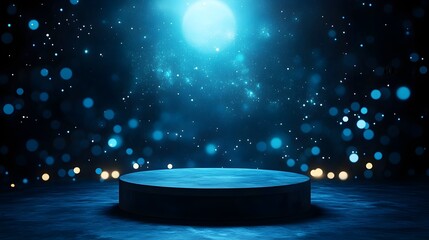 A dimly lit stage with a circular platform, illuminated by a bright blue light, surrounded by soft bokeh and sparkles, evoking a mystical atmosphere, podium, podium.