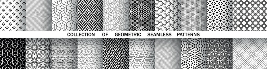 Geometric set of seamless black and white patterns. Simple vector graphics.