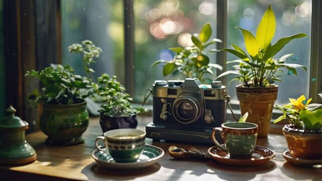 Vintage Camera and Plants by the Window, seamless looping 4k animation video background