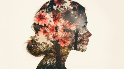 Woman Profile Silhouette with Flower and Tree Overlay