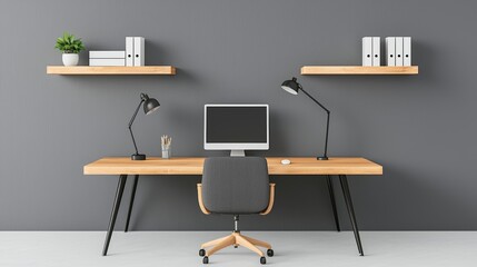 A modern, minimalist home office setup featuring a wooden desk, computer, task lamps, and wall shelves, creating a sleek, organized workspace.