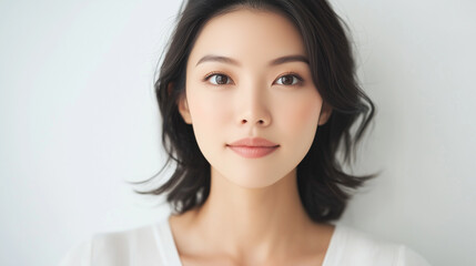 Naklejka premium Portrait head shot of Asian woman, with smooth, radiant skin, perfect for beauty and cosmetic advertising.