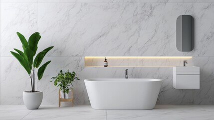A modern bathroom featuring a sleek white bathtub, elegant plants, and marble walls, complemented by soft lighting and a minimalist design.