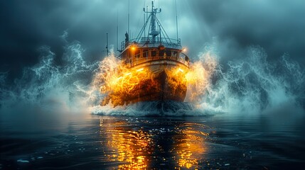 Ship Sailing Through a Stormy Sea at Night