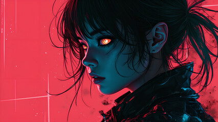 Naklejka premium Cyber Punk cyborg hacker woman portrait highly detailed Mayhem style splattered Silhouette